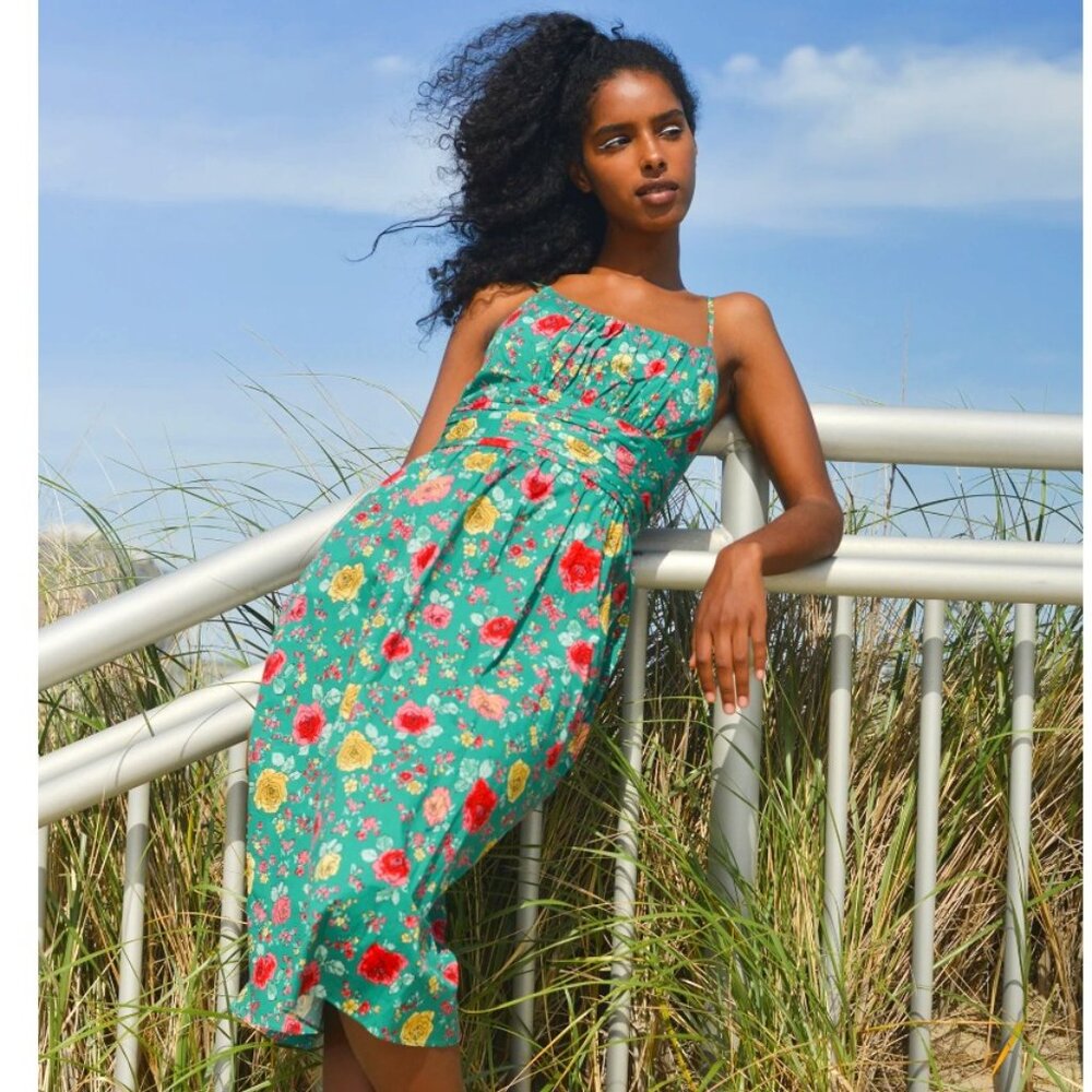 HVN Green Lucy Strappy Cotton Ruched Dress with Roses Print Size 2